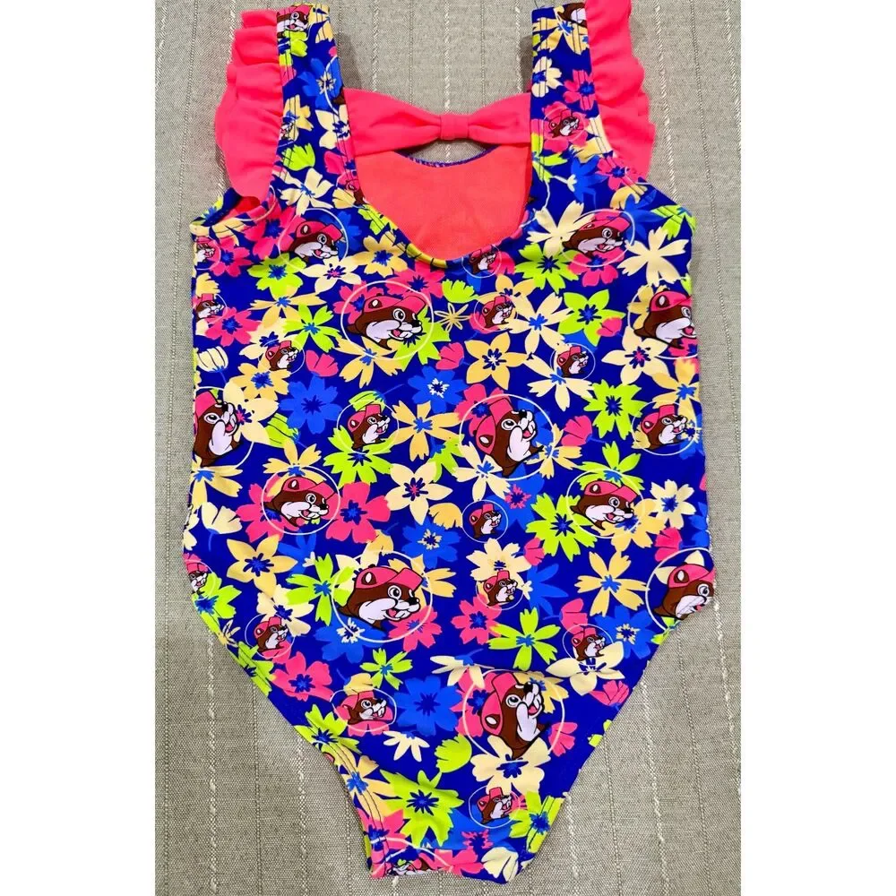 Buc-ee's Girls One-Piece Swimsuit | Beaver Print | Ruffle Shoulder | Size 4T
